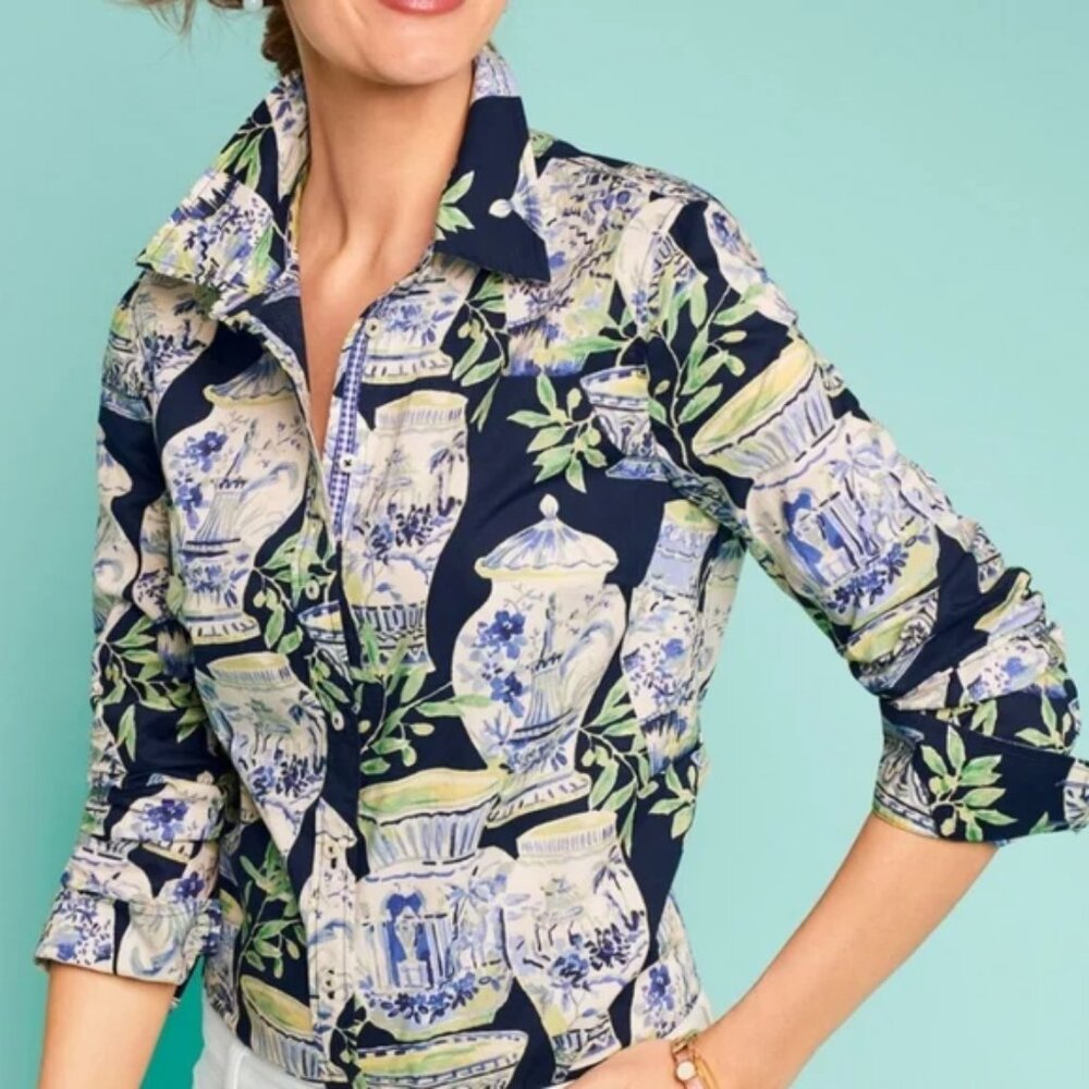 Talbots Classic Cotton Shirt- Watercolor Vases Print – Size MP